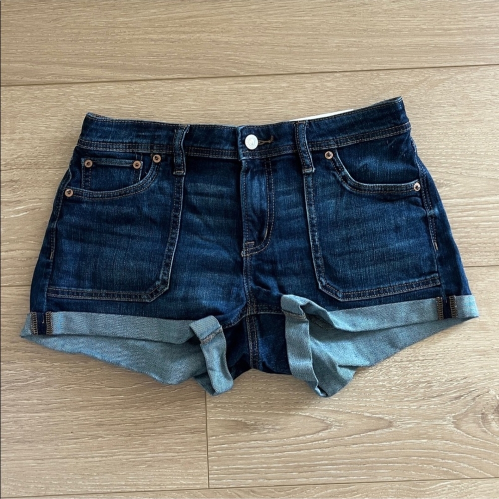 American Eagle Outfitters Dark Blue Denim Roll-Cuff Shorts - Picture 1 of 2